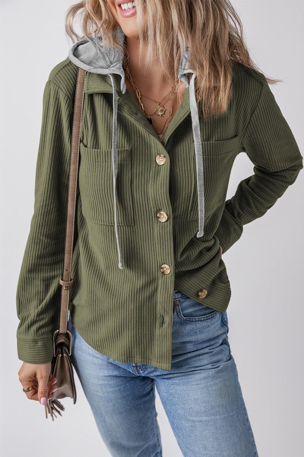 Drawstring Button Up Long Sleeve Hooded Jacket.