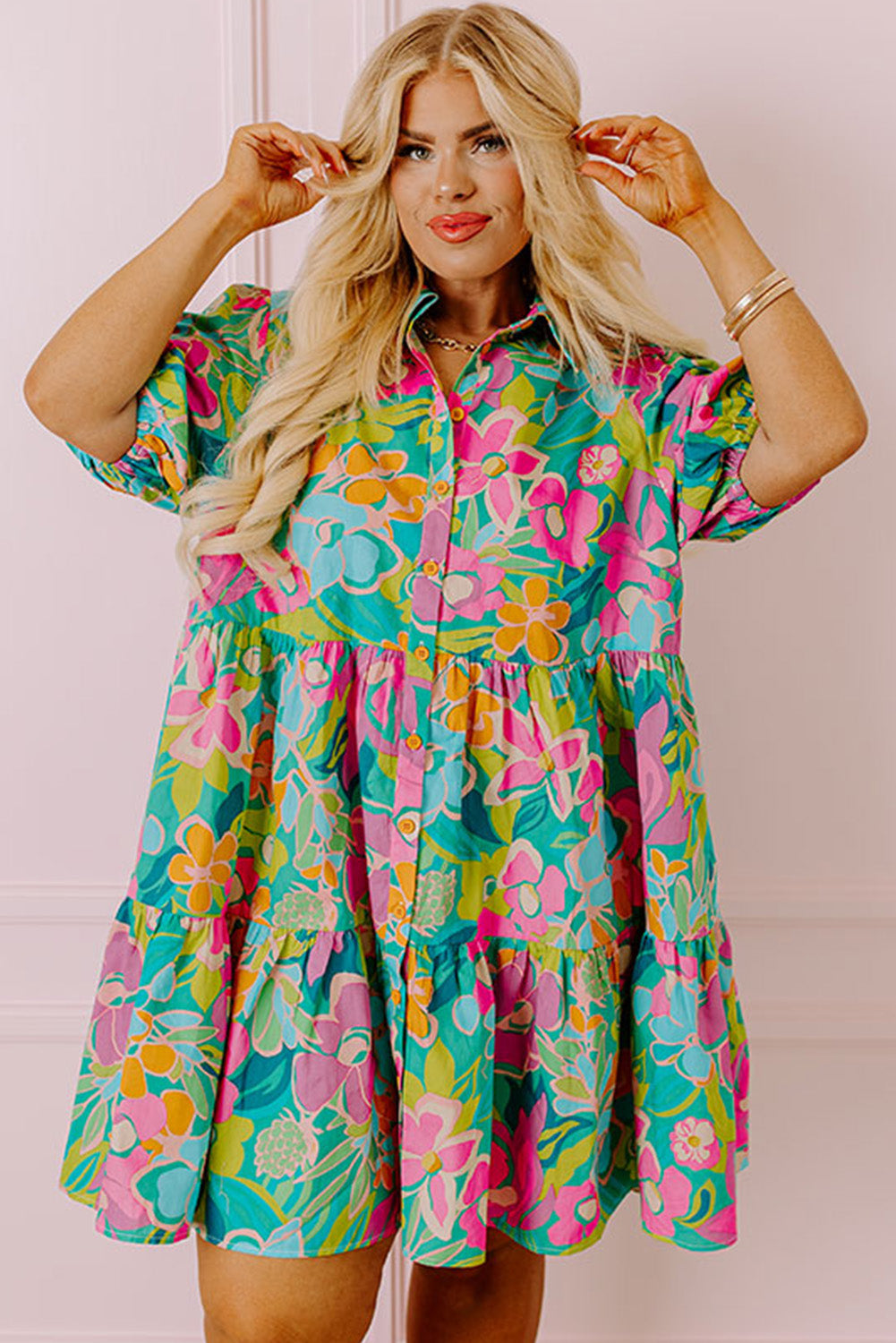 Floral green puff sleeve tiered shirt dress for a chic look