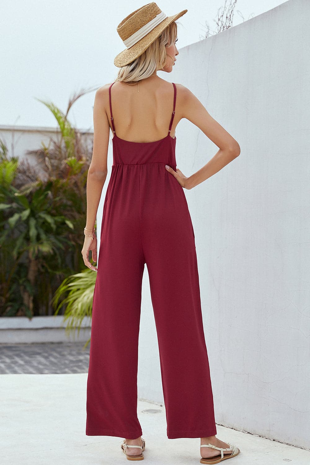 V-Neck Spaghetti Strap Wide Leg Jumpsuit.