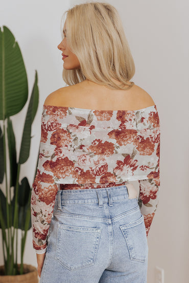 Pink Floral Printed Long Sleeve Sheath Bodysuit for Women