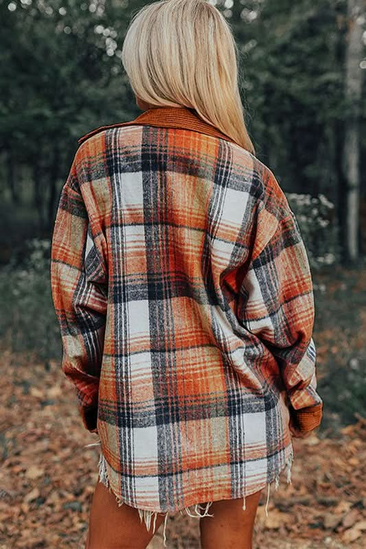 Plaid Corduroy Patchwork Chest Pocket Shacket