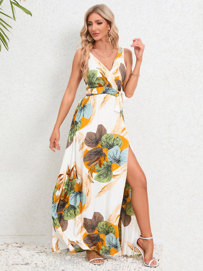 Slit Tied Printed Surplice Dress.