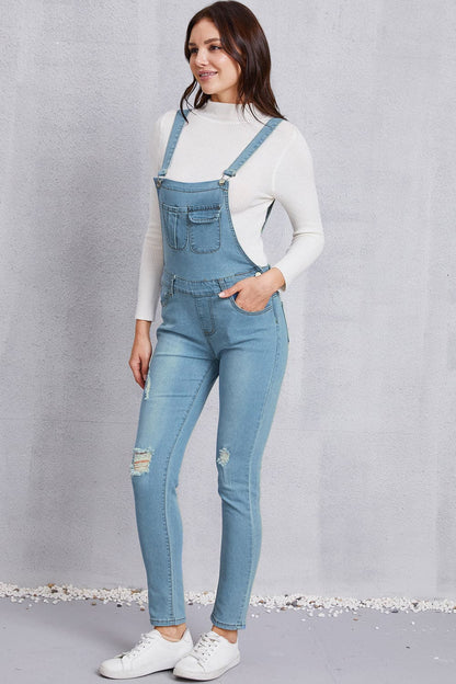 Distressed Washed Denim Overalls with Pockets.