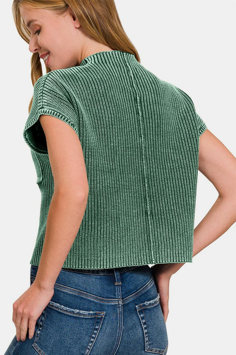 Zenana Washed Mock Neck Short Sleeve Cropped Sweater.