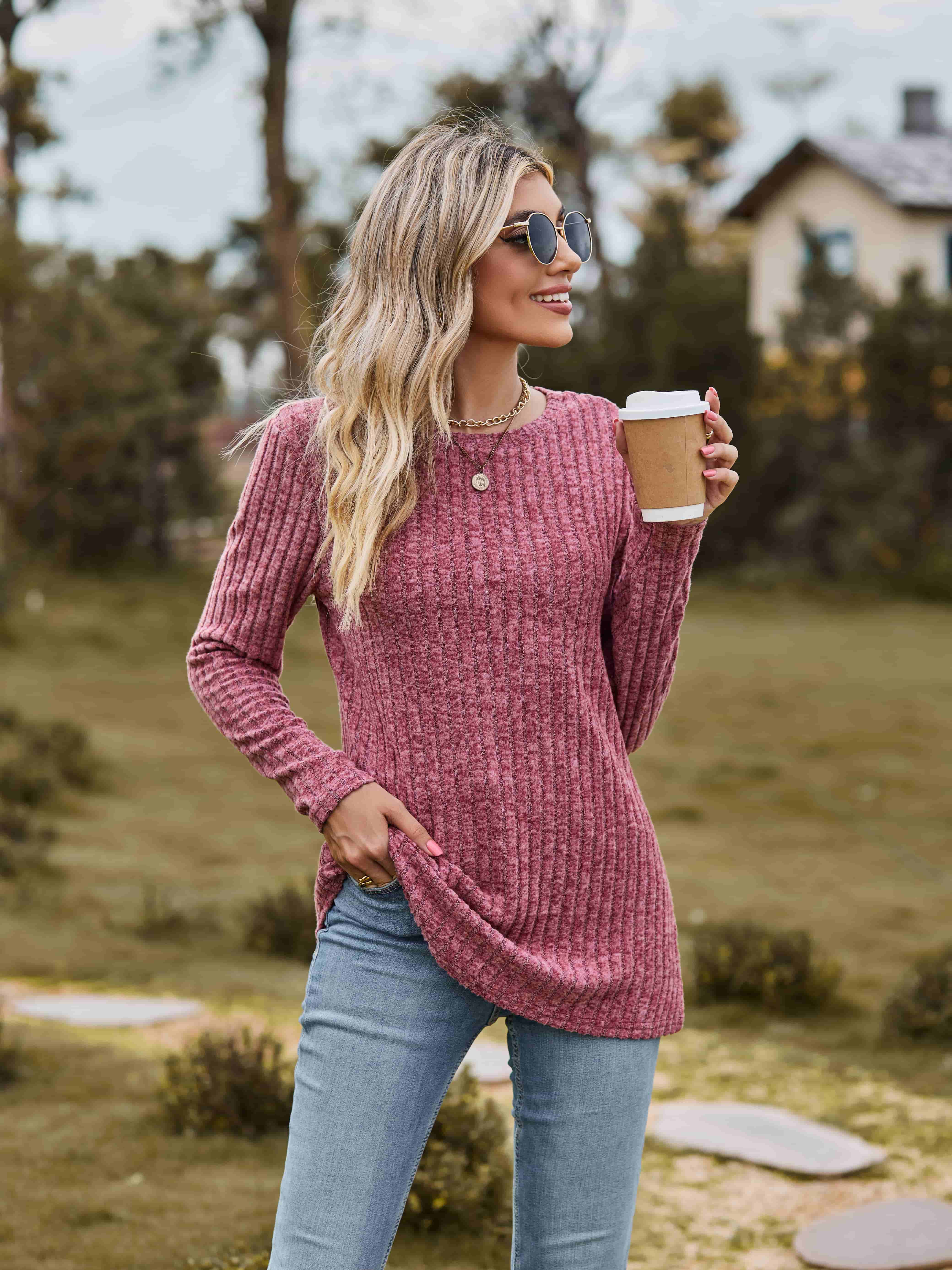 Ribbed Round Neck Long Sleeve Tee Coco’s Tee Boutique