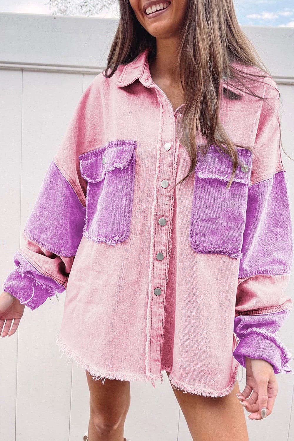 Color Block Button Up Raw Hem Denim Jacket.