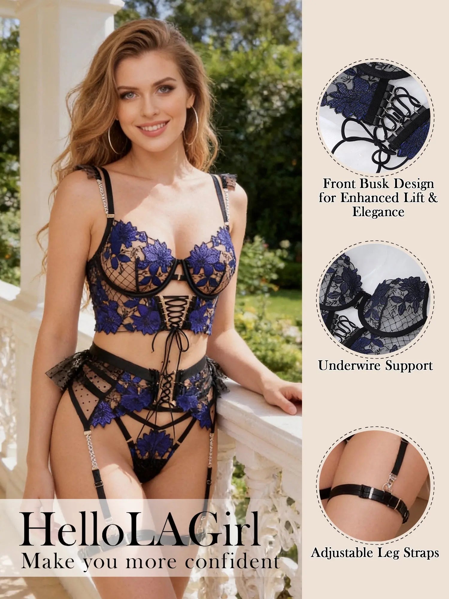 Black&Blue Lace Tie Adjustable Sculpting Body Lingerie Set Hello.LA.Girl