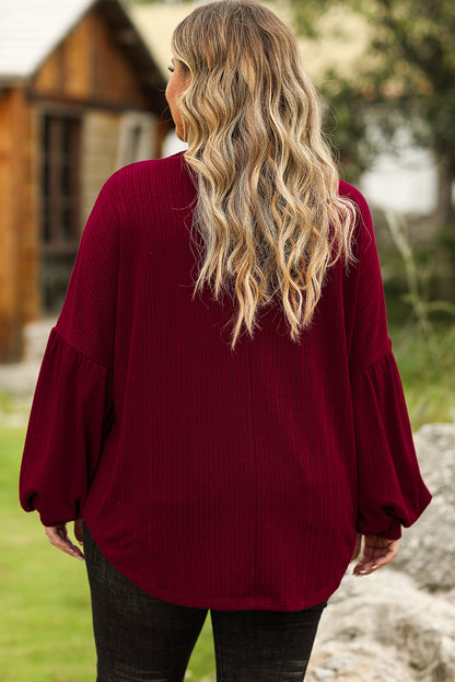 Chic red dahlia plus size textured knit top with playful balloon sleeves