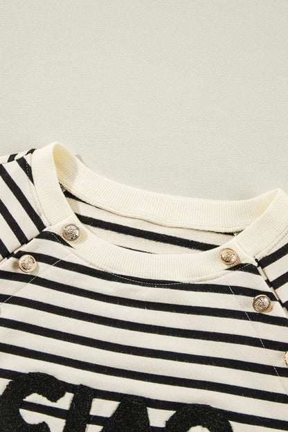 Decorative Button Striped Long Sleeve Sweatshirt.