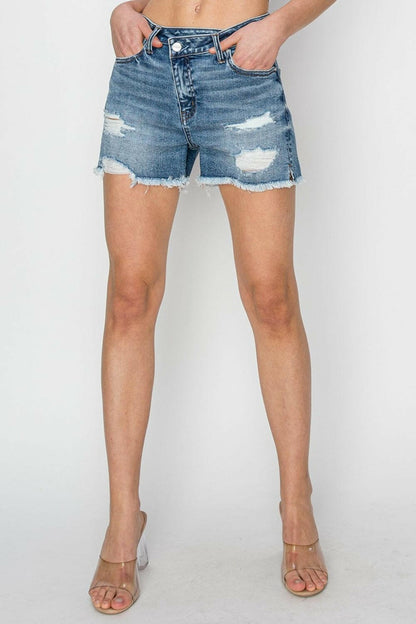 RISEN Stepped Waist Frayed Denim Shorts.