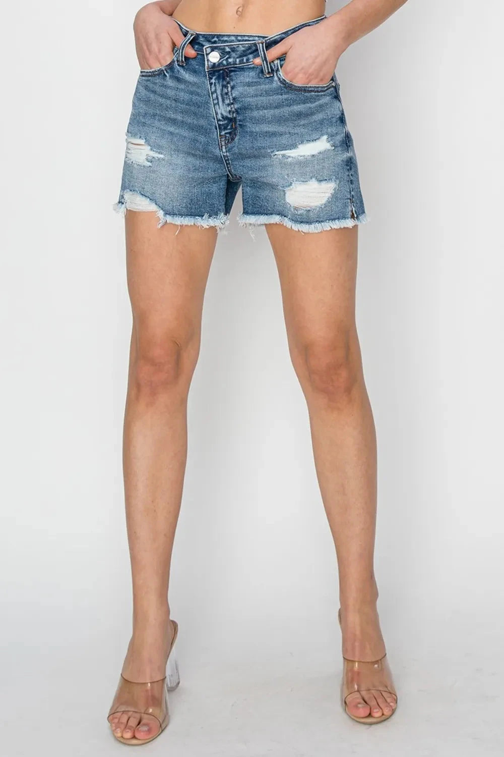 RISEN Stepped Waist Frayed Denim Shorts Coco’s Tee Boutique