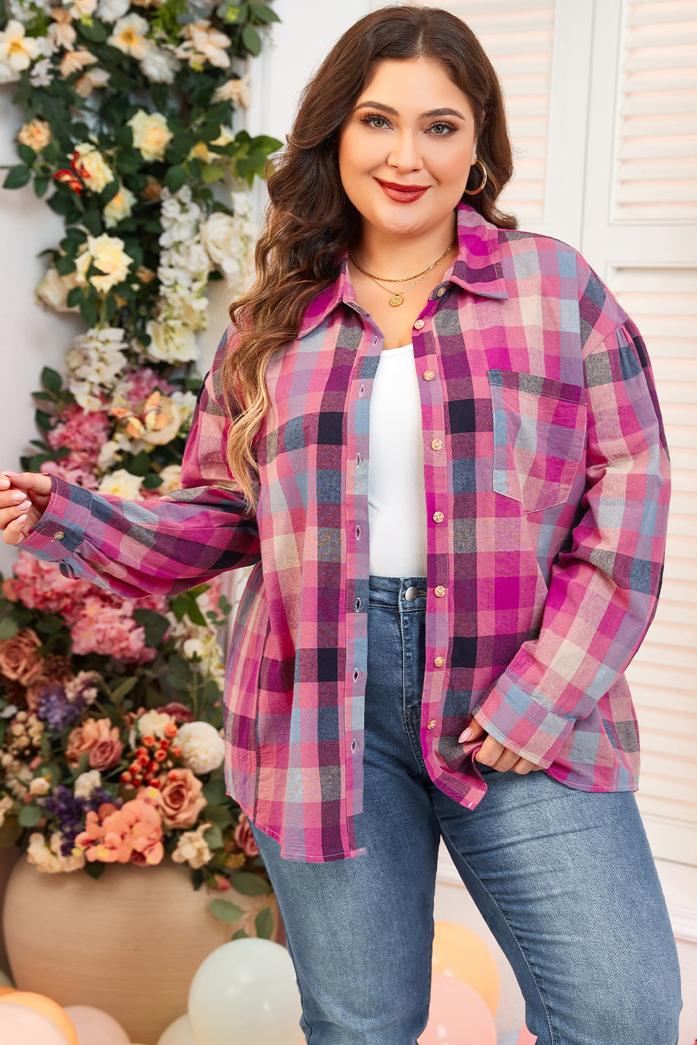 Chic rose stripe checkered print button-up shirt for plus sizes