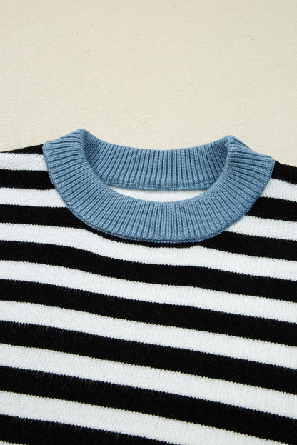 Black Striped Panel Colorblock Sleeve Chic Cozy Sweater
