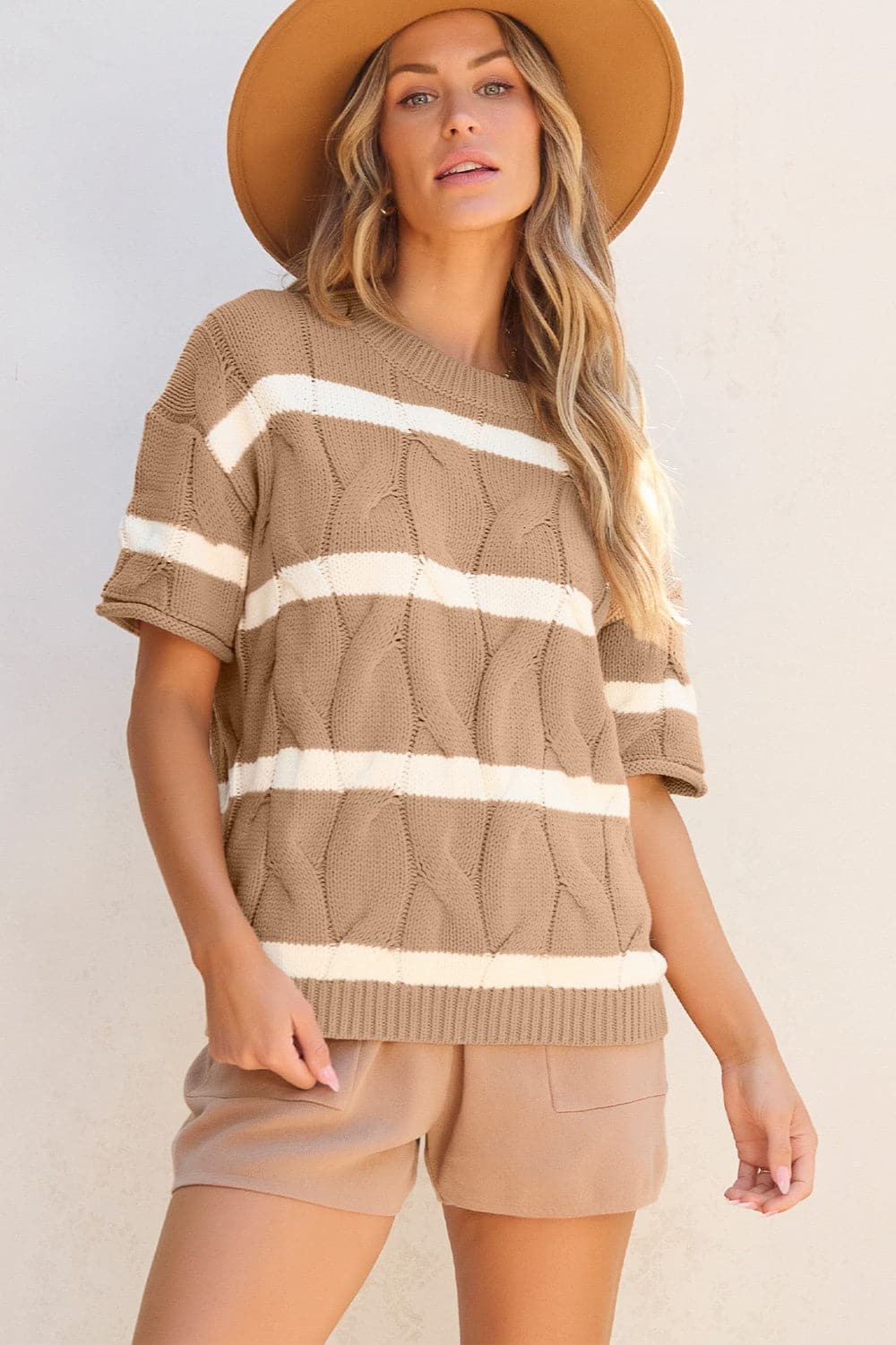 Striped Round Neck Short Sleeve Sweater.