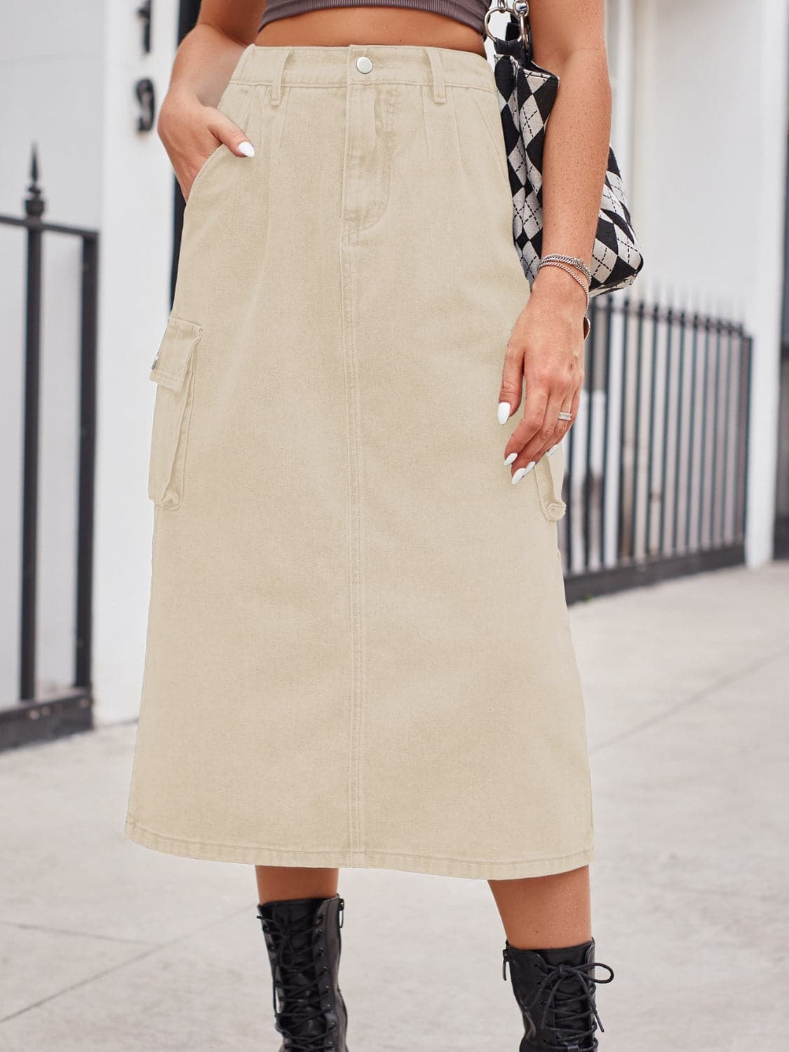 Slit Buttoned Denim Skirt with Pockets.