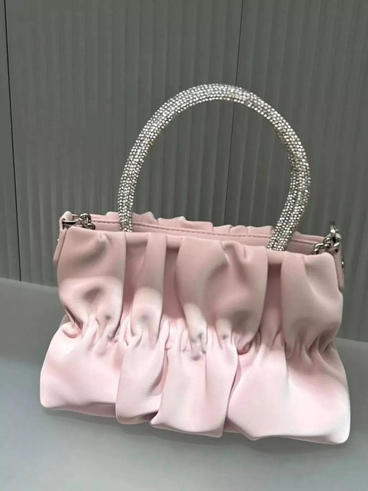 Pink Ruched Chain Crossbody Bag With Crystal Beaded Handle Small PU Leather Simply Love
