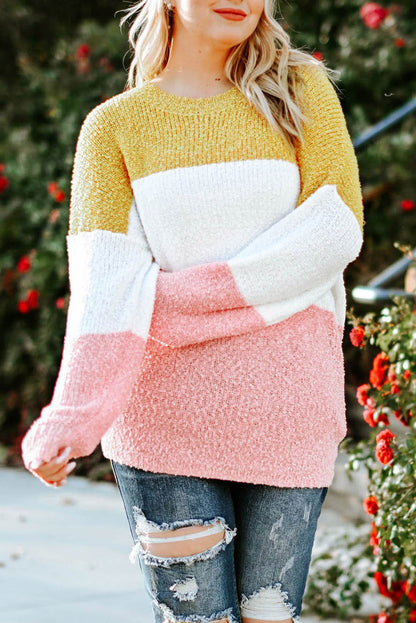 Vibrant yellow colorblock plus size sweater with bubble sleeves