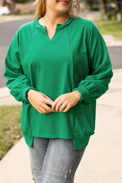 Chic bright green notch neck plus size sweatshirt with exposed seams