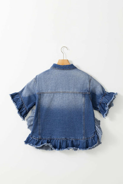 Ruffled Raw Hem Half Sleeve Denim Top.