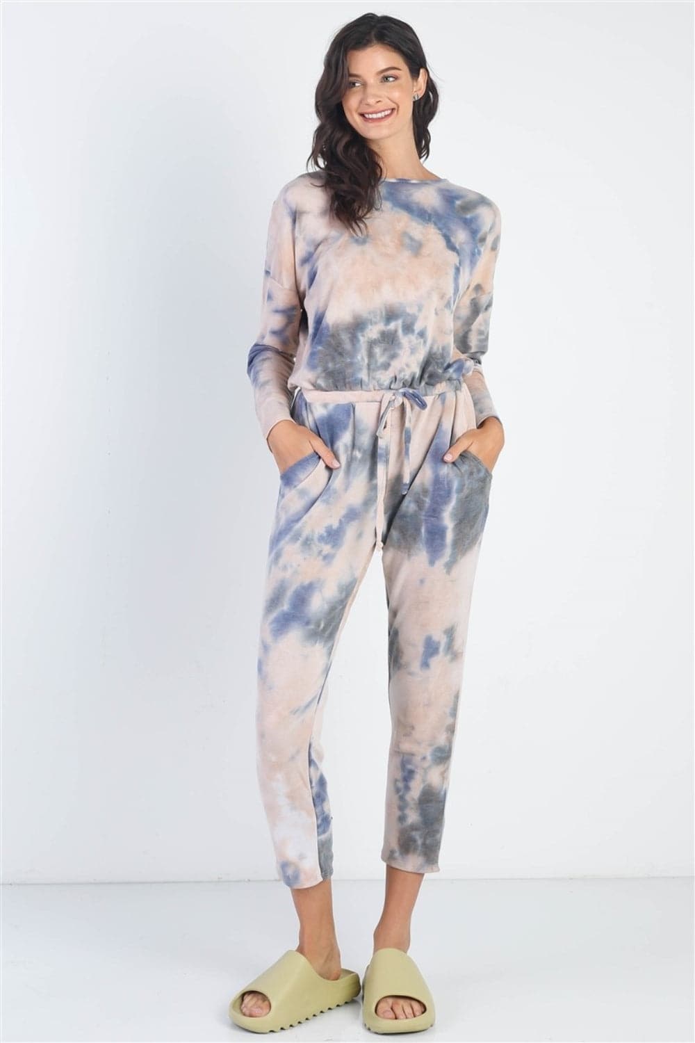 Cherish Apparel Tie-Dye Round Neck Long Sleeve Jumpsuit.