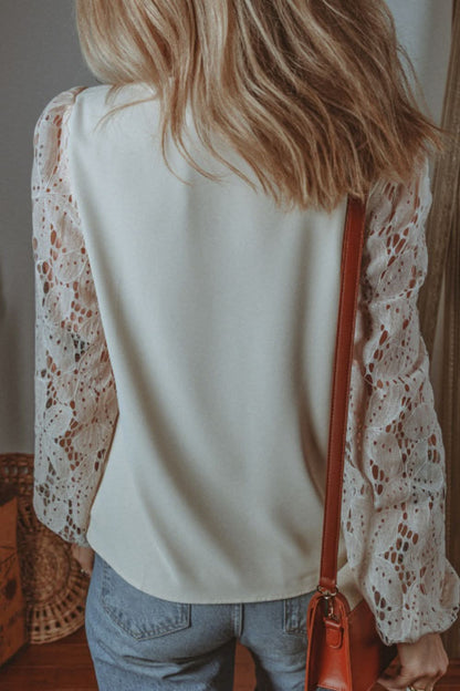 Lace-Embellished V-Neck Blouse with Balloon Sleeves