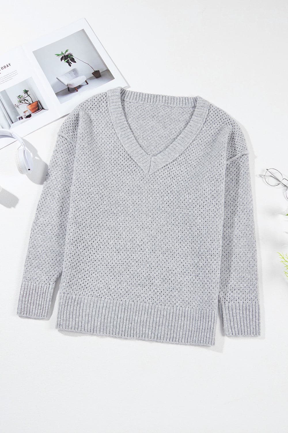 Openwork V-Neck Dropped Shoulder Sweater.