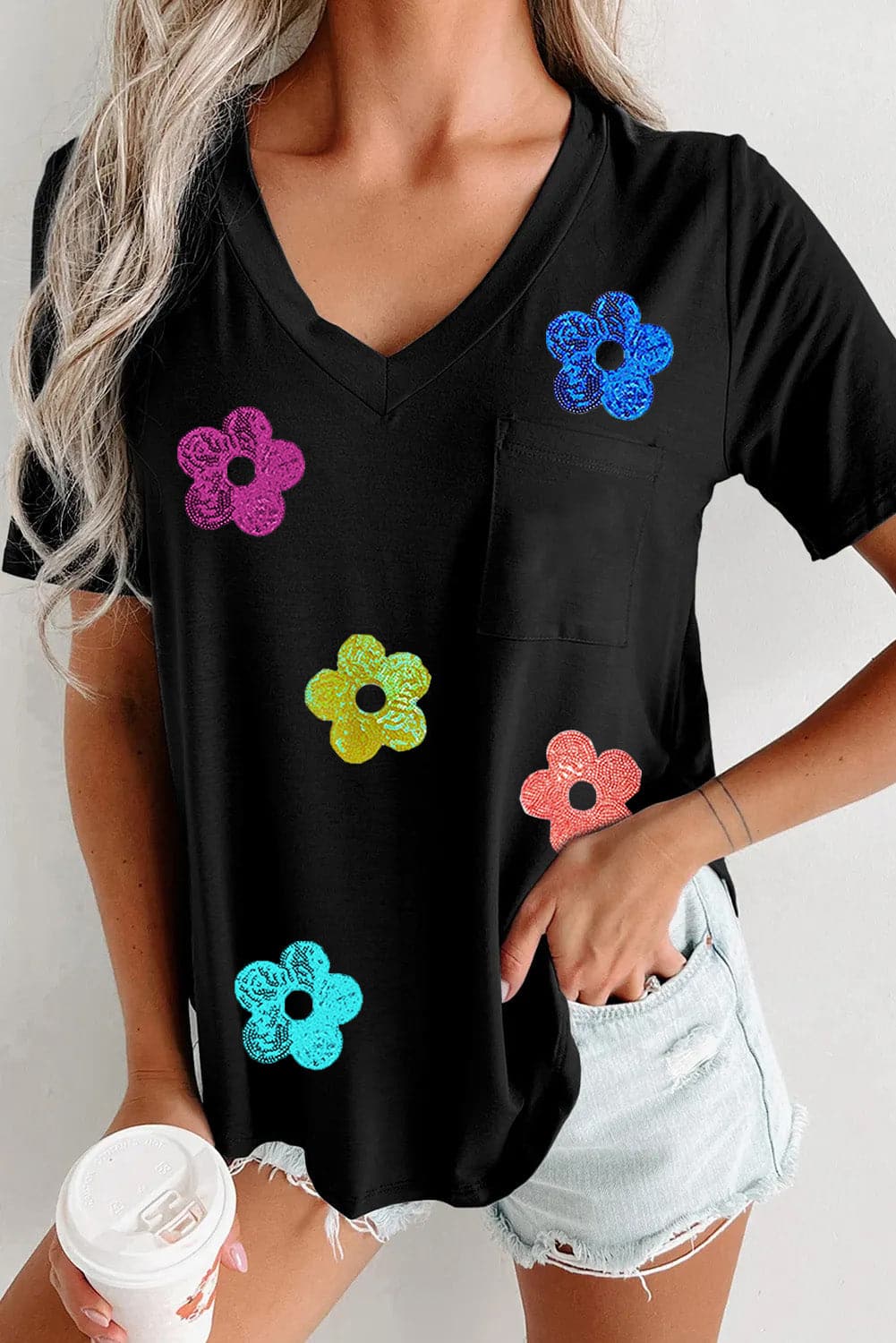 Sequin Flower V-Neck Short Sleeve T-Shirt.