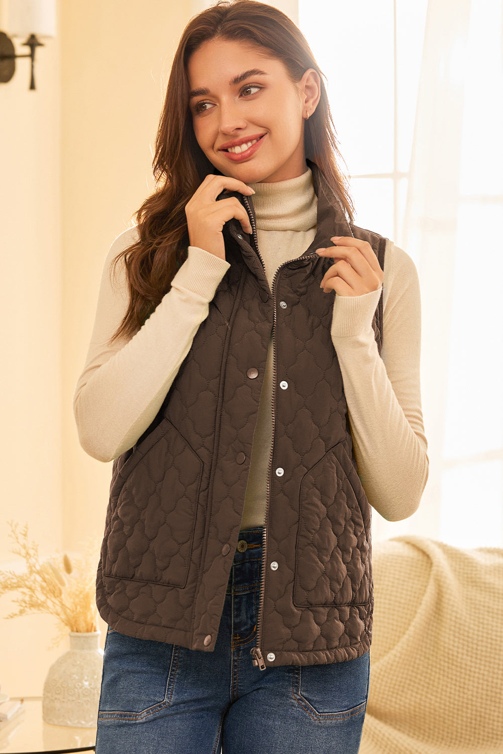 Dark Brown Flower Shape Quilted Zip Up Winter Vest With Snap Buttons Dear-Lover Dropshipping