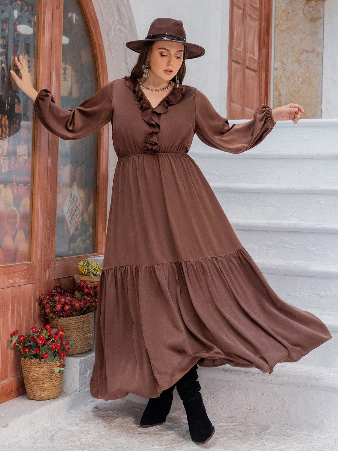 Plus Size V-Neck Ruffle Trim Maxi Dress.