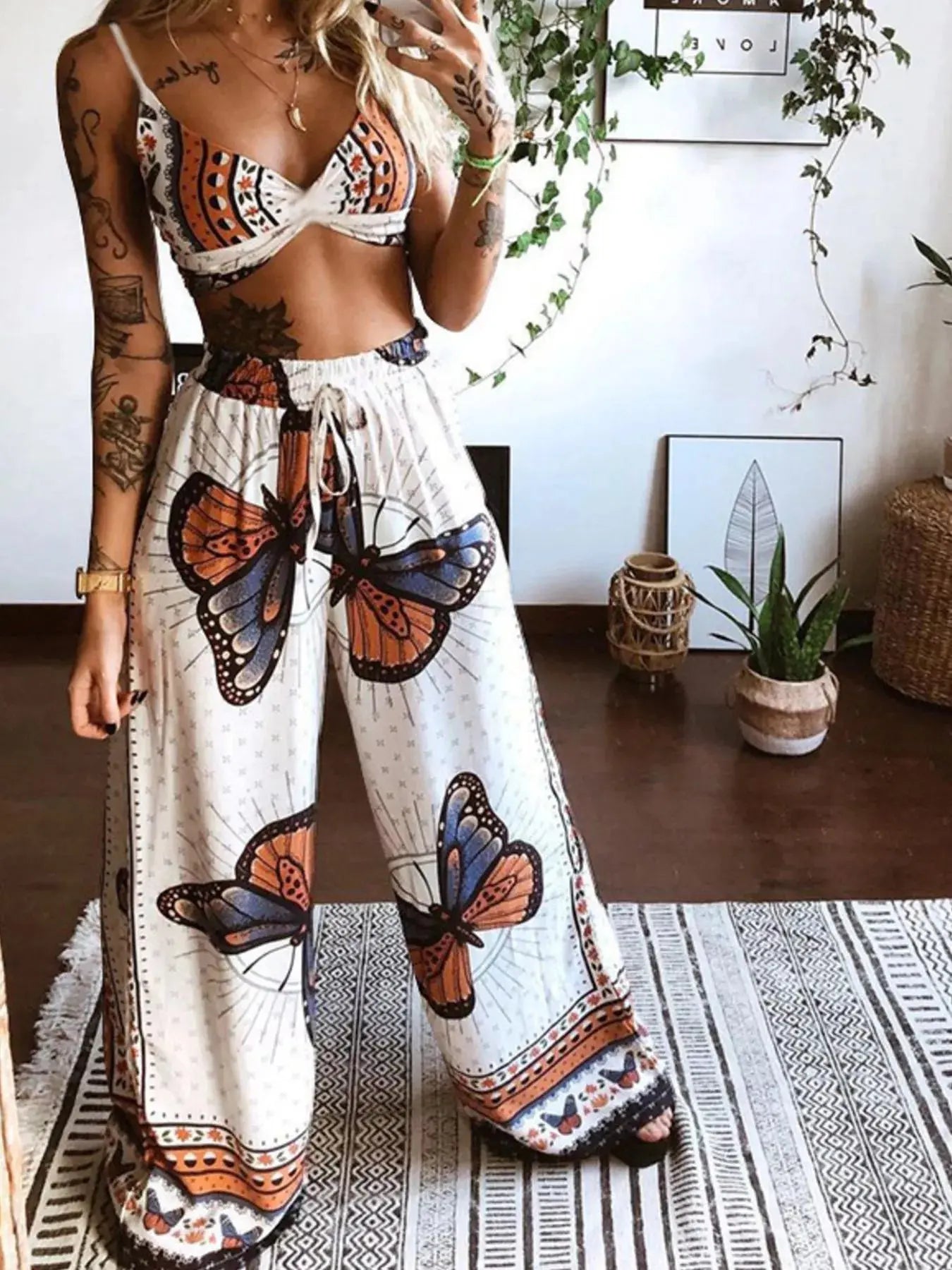 Boho Butterfly Print Top and Pants Set Simply Love