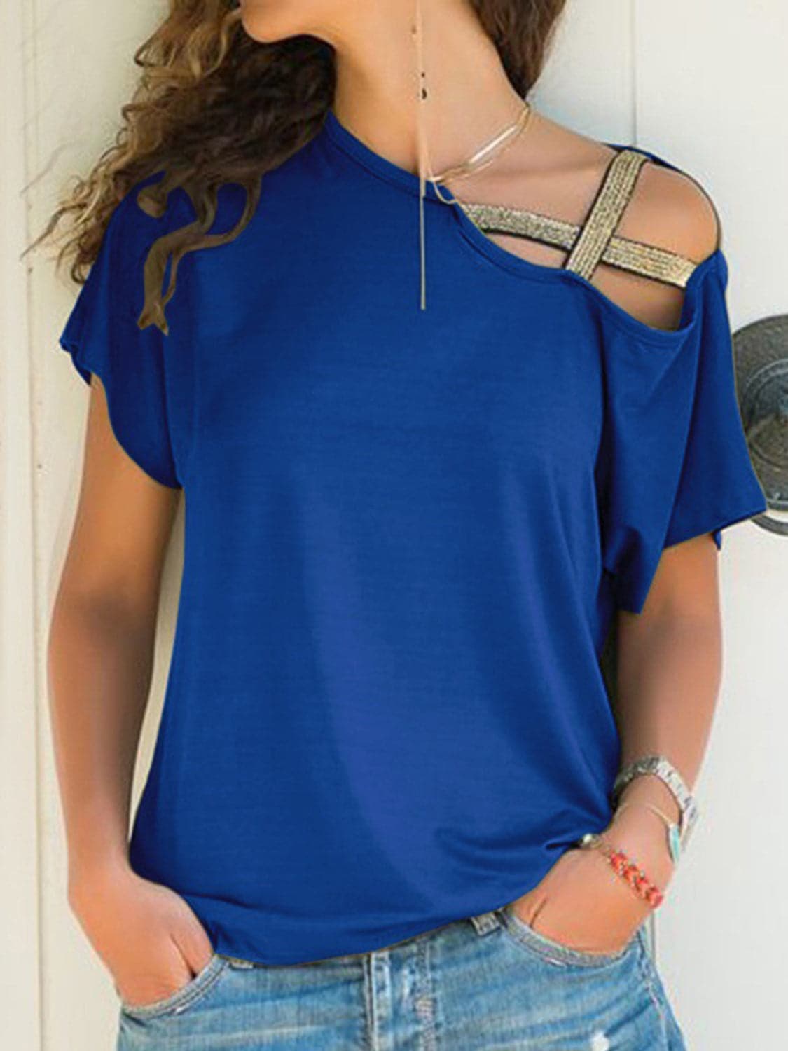 Chic asymmetrical neck tee with short sleeves