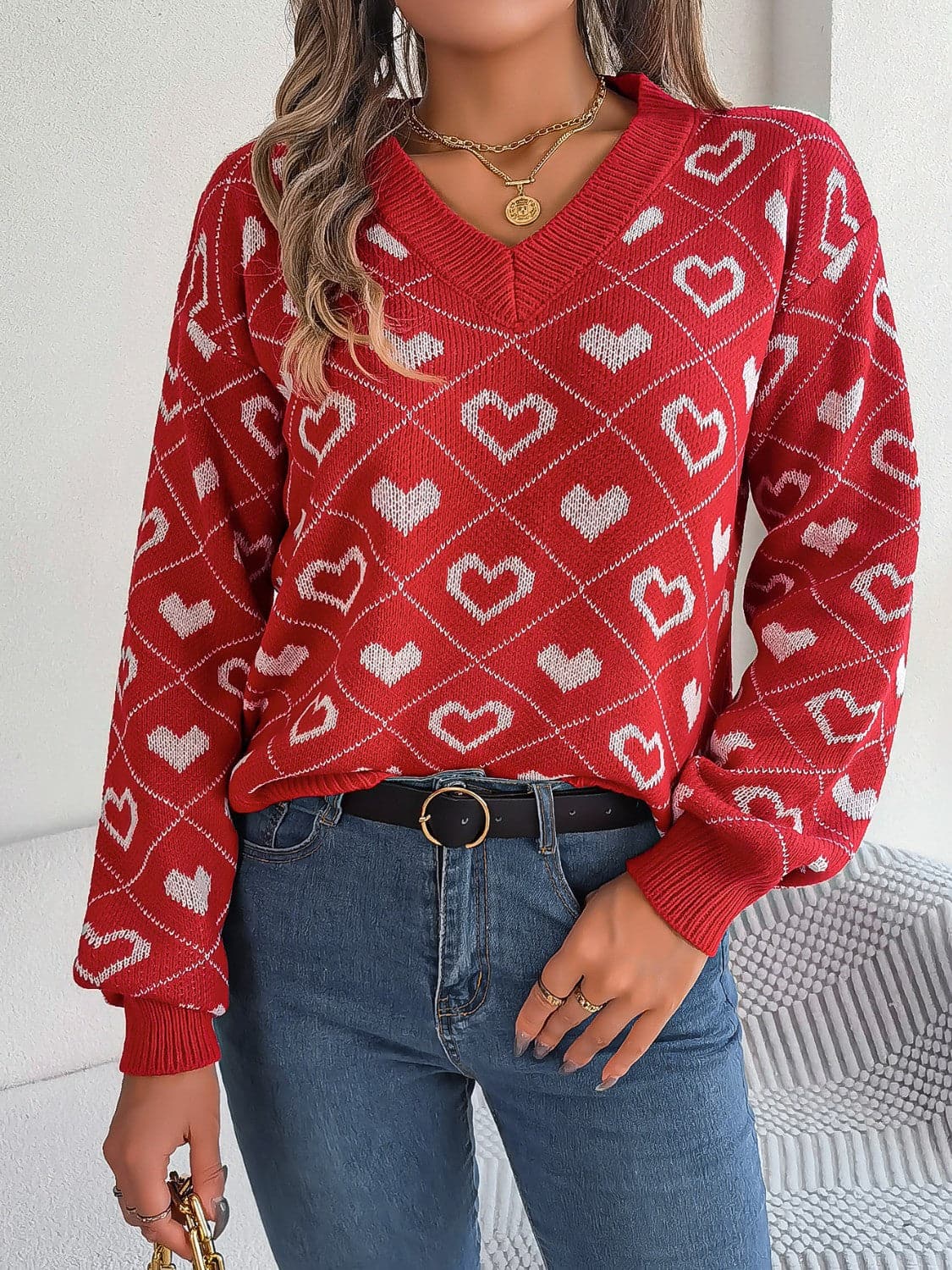 Heart Pattern V-Neck Long Sleeve Sweater.