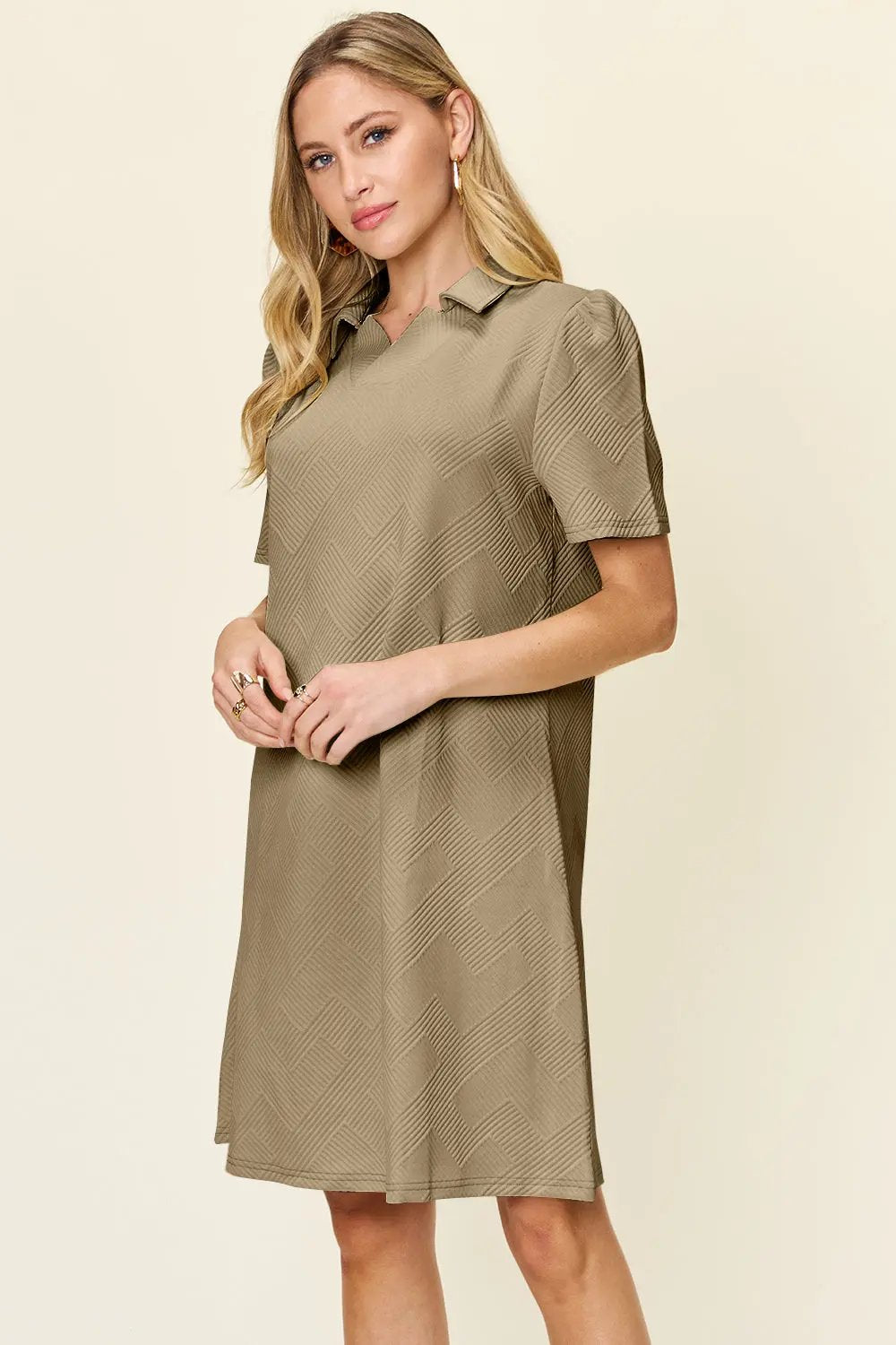 Double Take Full Size Texture Collared Neck Short Sleeve Dress - Love Salve