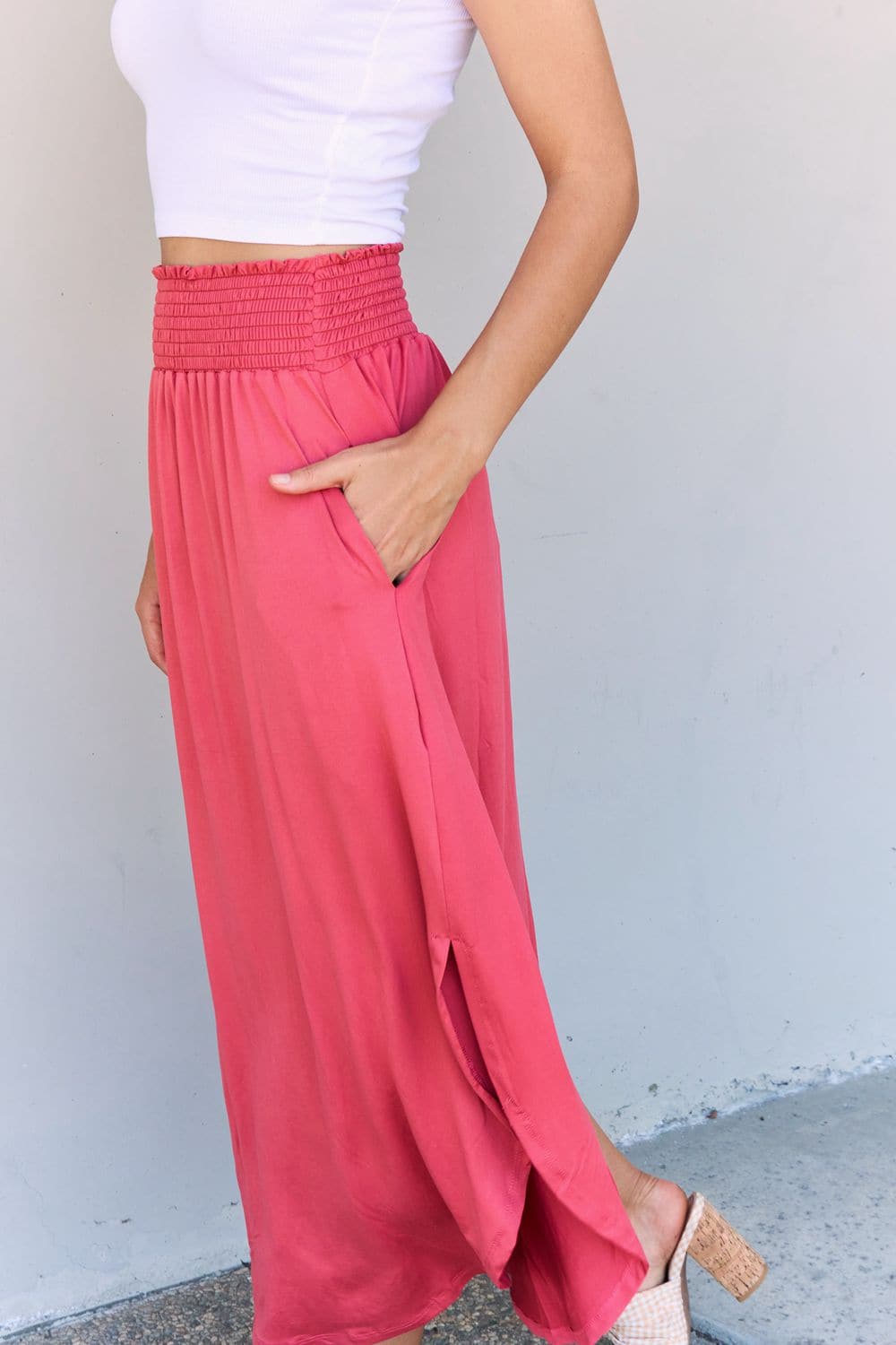 Doublju Comfort Princess Full Size High Waist Scoop Hem Maxi Skirt in Hot Pink.