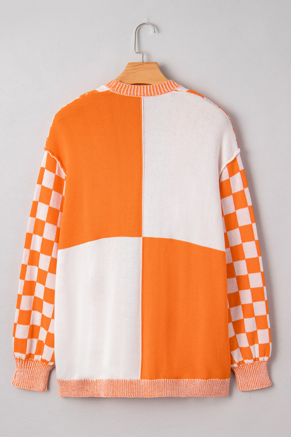 Orange Checkered Bubble Sleeve Drop Shoulder Open Cardigan Dear-Lover Dropshipping