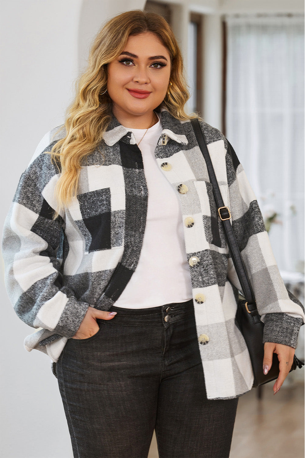 Chic gray checkered plus size shacket for winter warmth