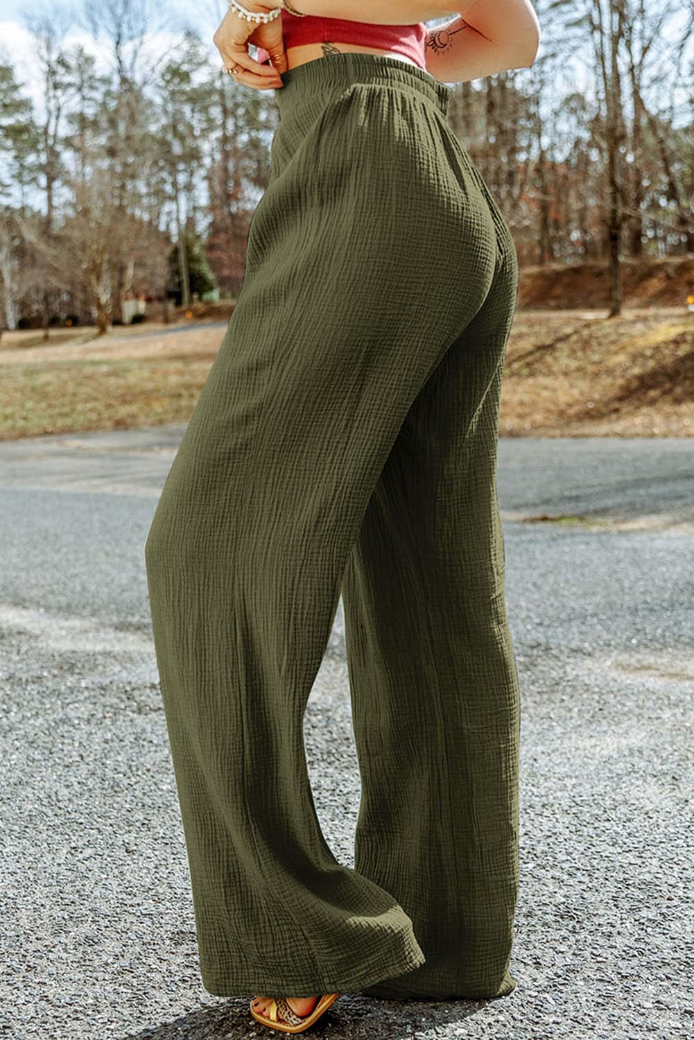 Texture Tied Wide Leg Pants.