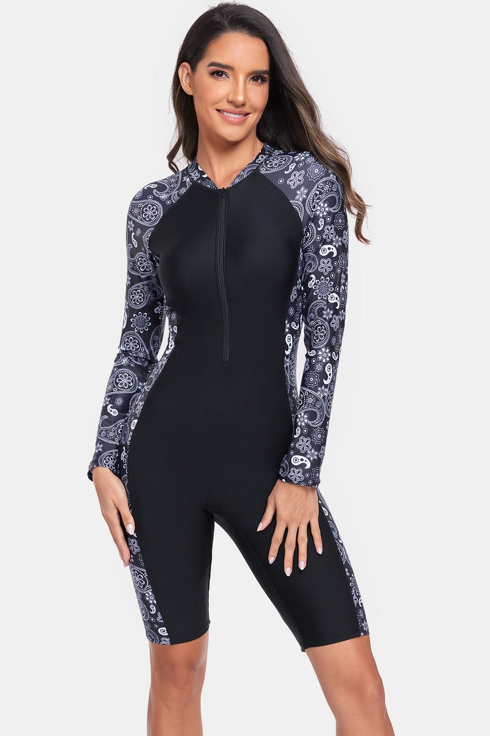 Printed Half Zip Long Sleeve One-Piece Swimwear.