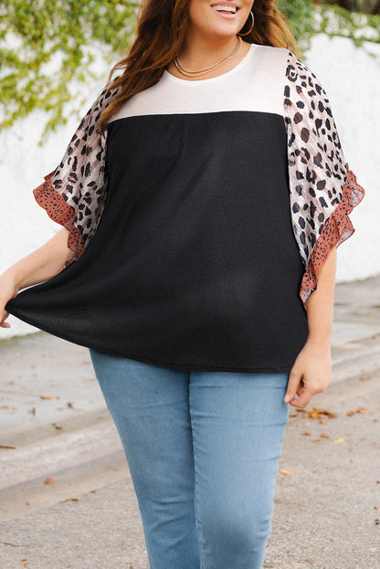 Plus Size Printed Color Block Ruffled Blouse.