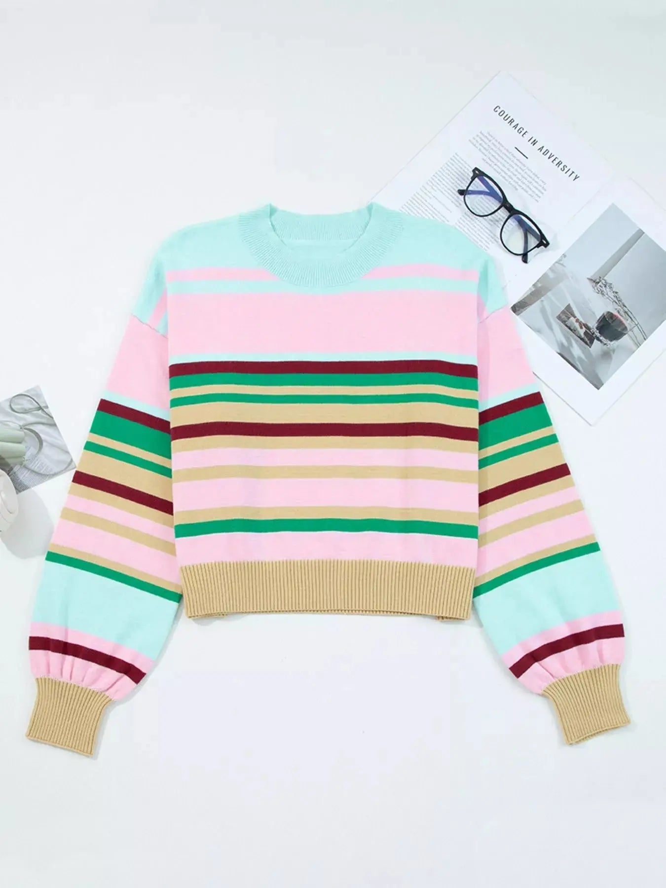 Multicolour Striped Boxy Fit Cropped Knit Sweater With Ribbed Trim Simply Love