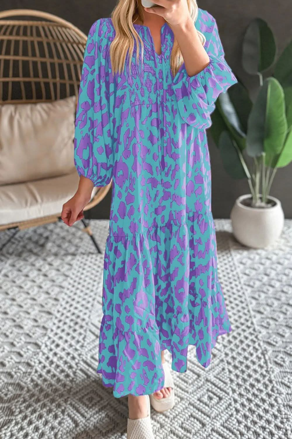 Floral smocked tie neck long sleeve dress