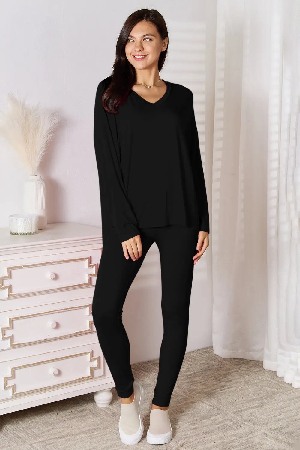 Basic Bae Bamboo Full Size V-Neck Long Sleeve Top and Pants Lounge Set - Love Salve