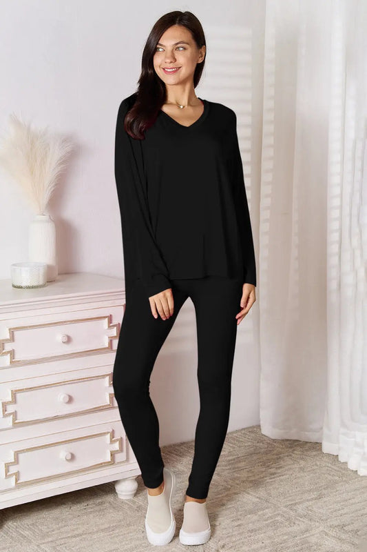 Basic Bae Bamboo Full Size V-Neck Long Sleeve Top and Pants Lounge Set - Love Salve