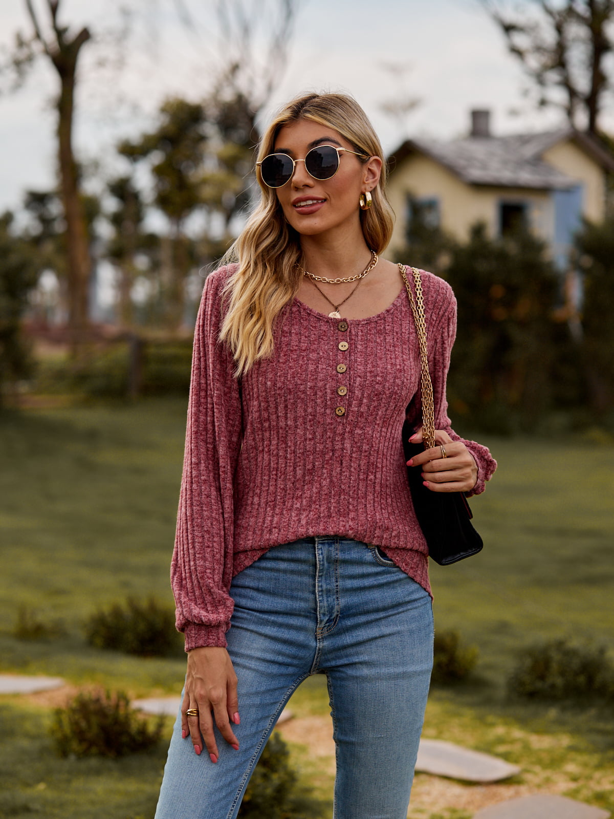 Round Neck Button-Down Long Sleeve Tee Coco’s Tee Boutique