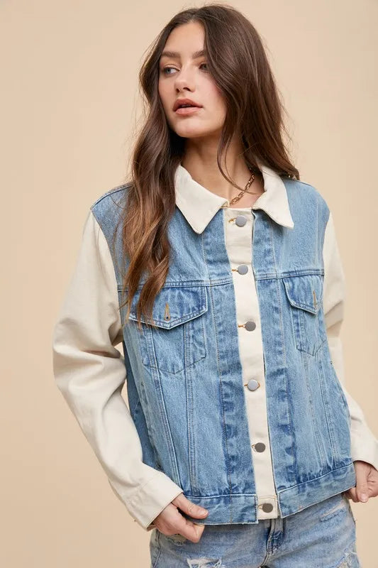 Annie Wear Collared Neck Double Placket Denim Jacket - Love Salve 