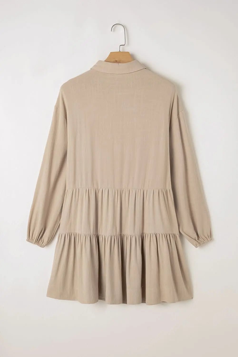 Tan Puff Sleeve Buttoned Tiered Pleated Shirt Mini Dress - Love Salve 