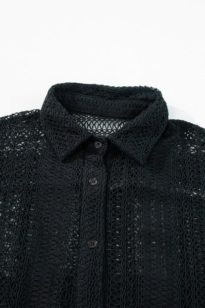 Openwork Collared Neck Long Sleeve Shirt.