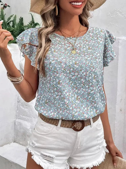 Ditsy Floral Round Neck Cap Sleeve Top.