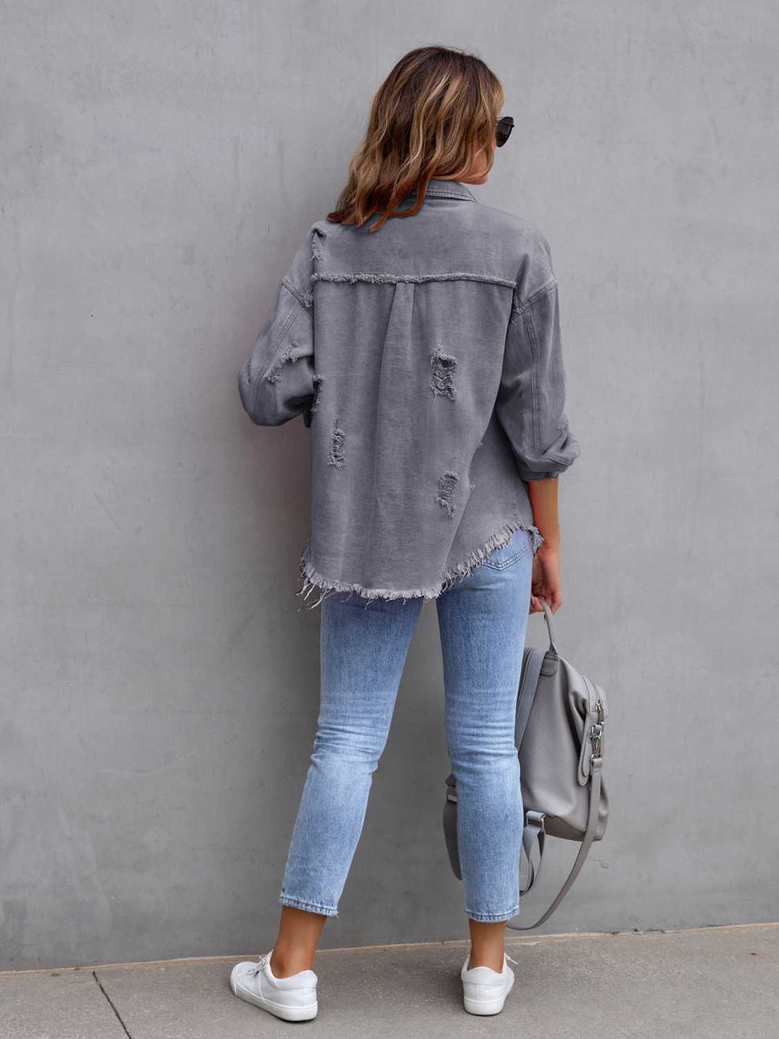 Distressed Drop Shoulder Denim Jacket Coco’s Tee Boutique
