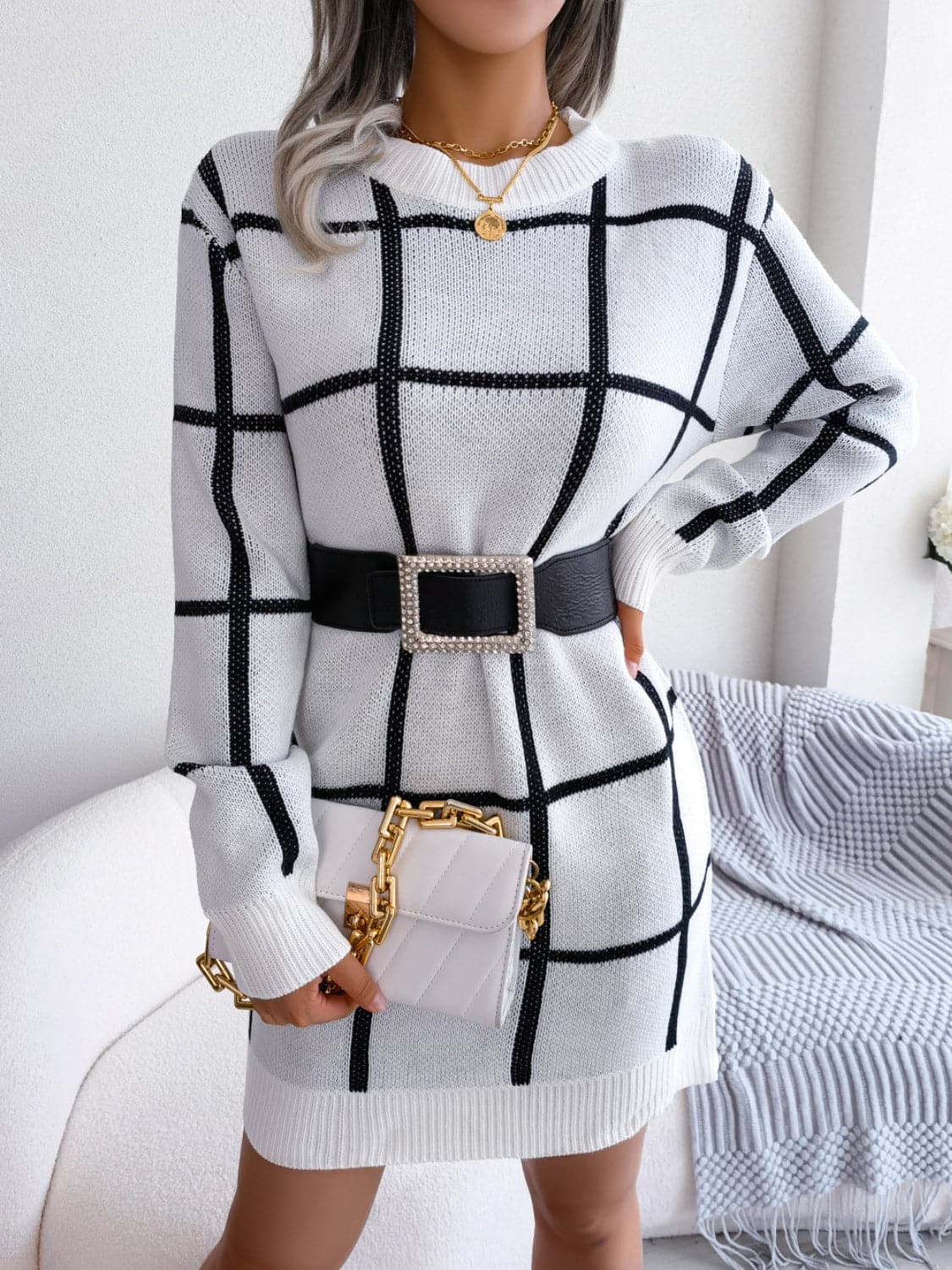 Plaid Round Neck Dropped Shoulder Sweater Dress.